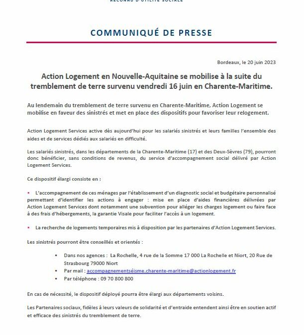 Action Logement se mobilise à la suite du tremblement de terre en Charente-Maritime !